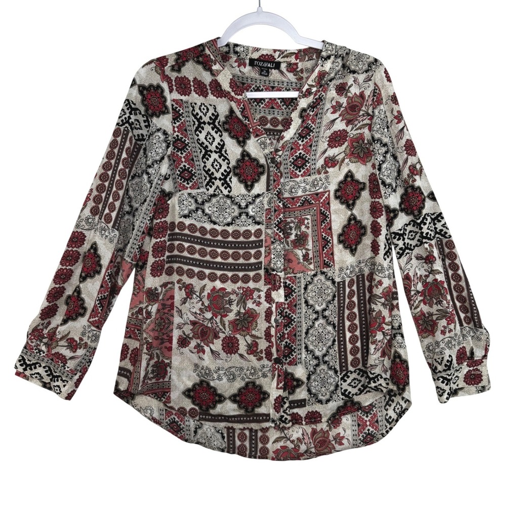 Roz‎ & Ali Petite Medium Patchwork Floral Button Up Blouse Roll Tab Sleeve